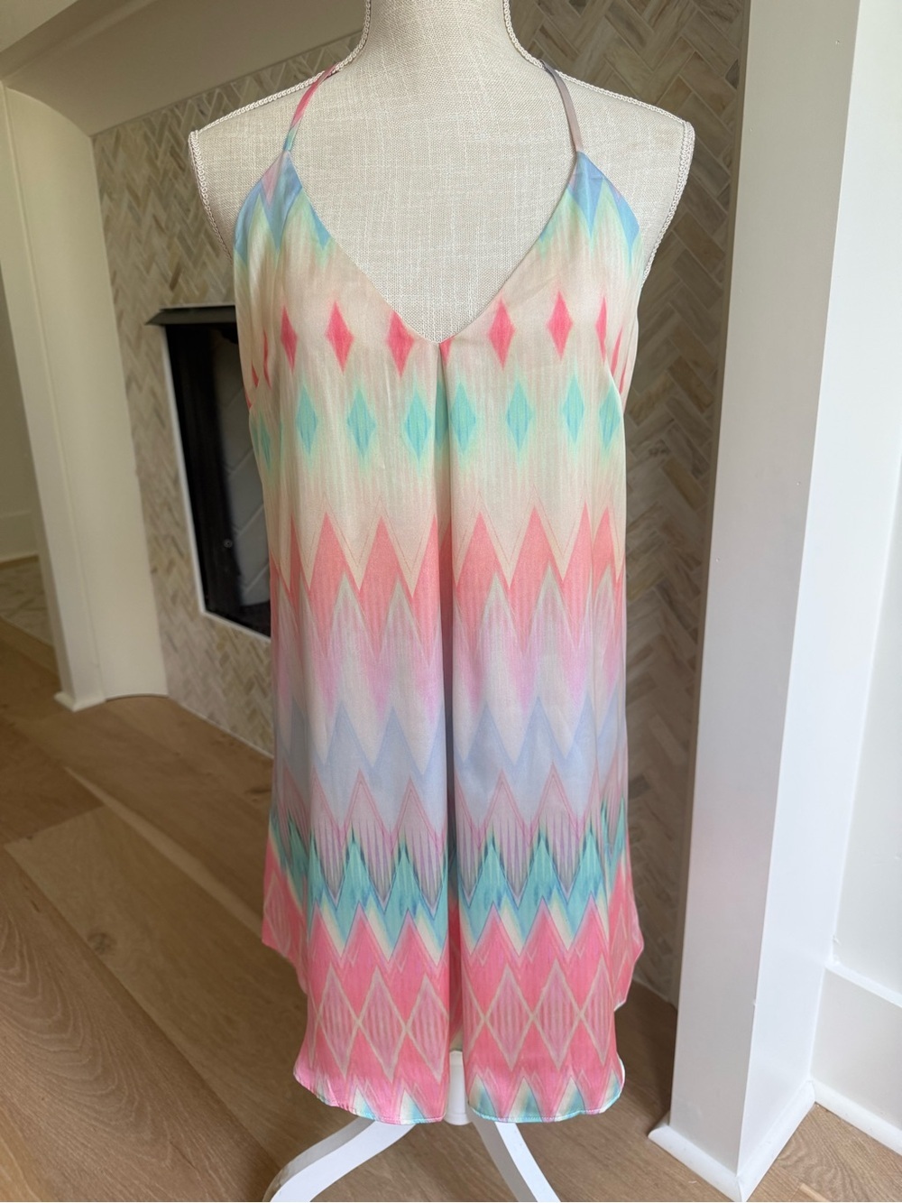 Aakaa Pastel Chevron Halter Swing Dress Size Small Boho Sleeveless Mini